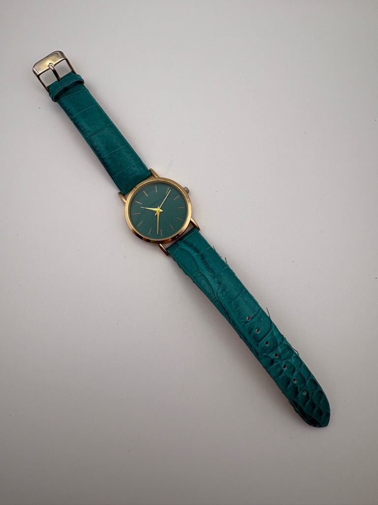 Teal Gold Accent Minimalist Watch Faux Leather Crocodile Pattern Band